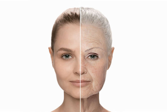 A woman with a before and after photo on aging gracefully with collagen gummies from AgeEnvy supplements  
